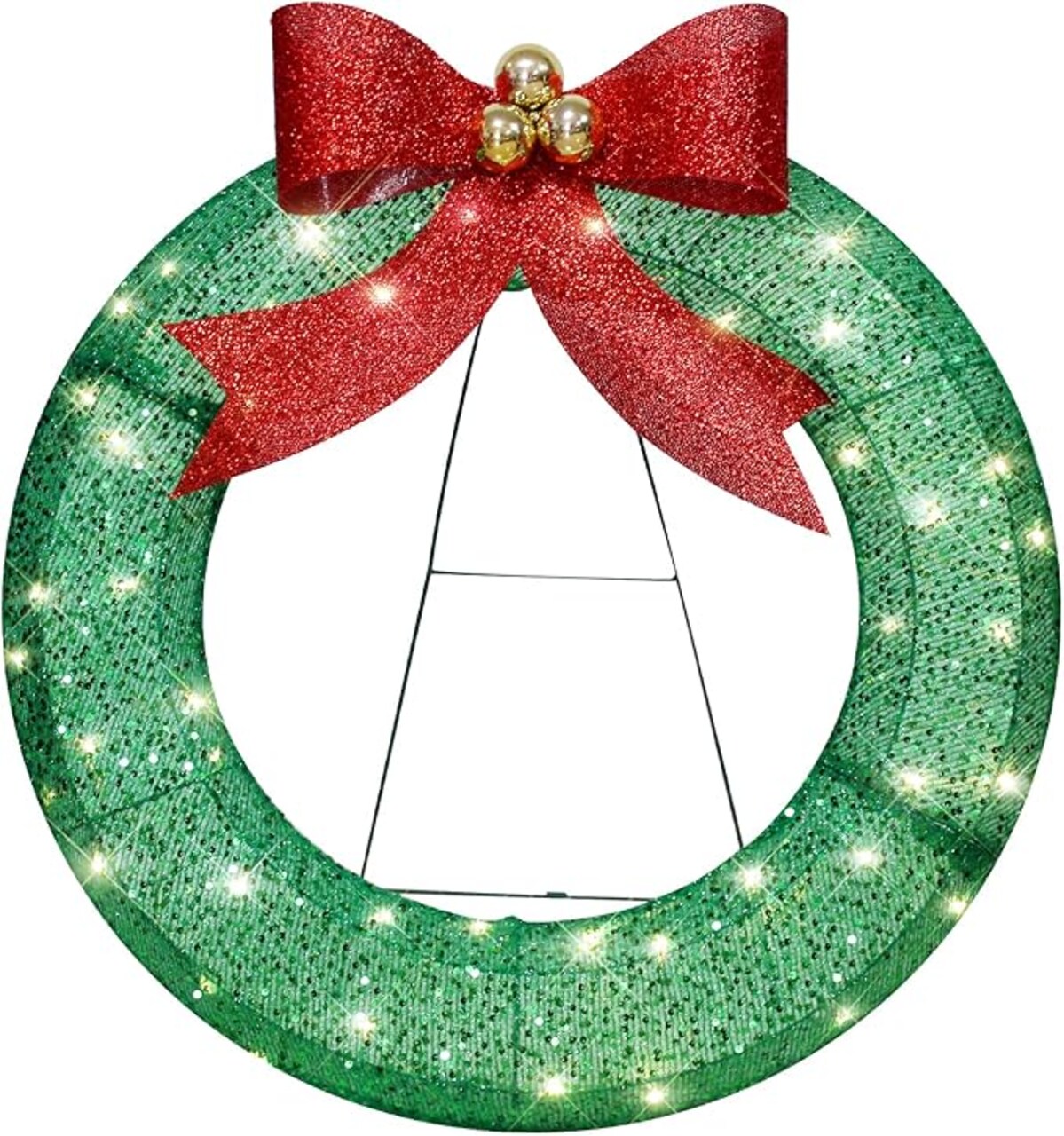 Lighted-up Christmas Wreath Bow with Lights 31.5" Prelit Outdoor Christmas Wreath Metal Holiday Decoration, Lighted Artificial Green Wreath with LED Lights, Lighted Christmas Indoor Home Display